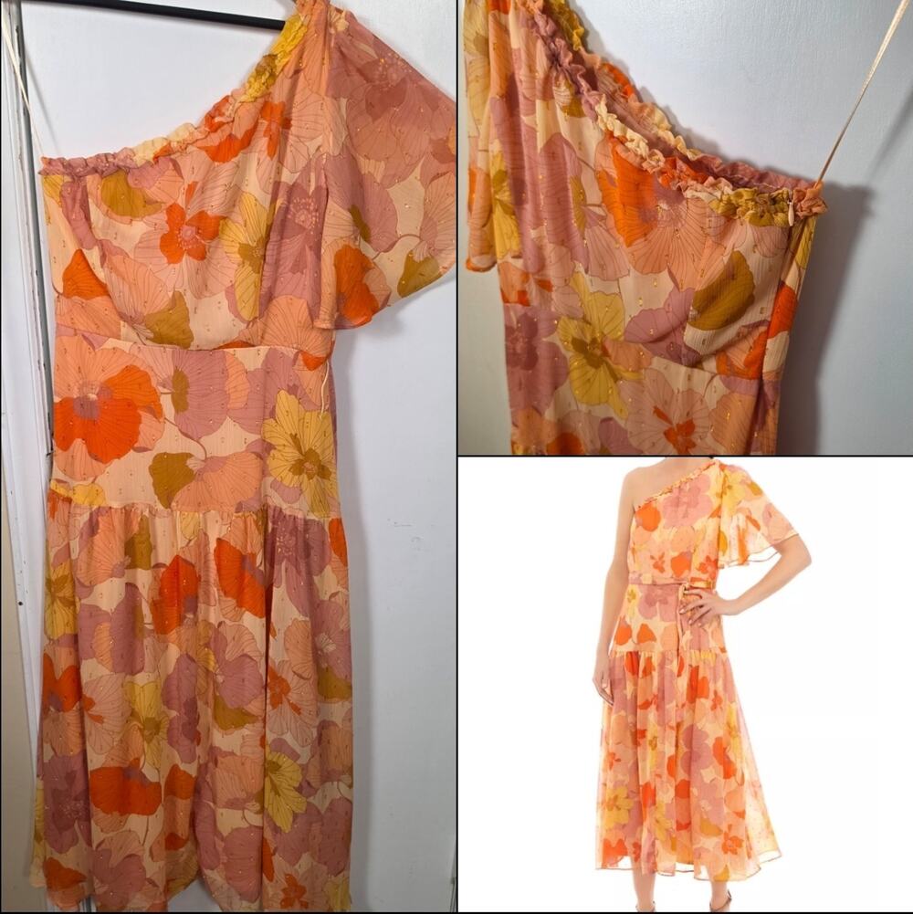 Taylor Floral Ruffle Asymmetrical Shoulder Sheath Dress Sz 6 Fairy Whimsy Garden